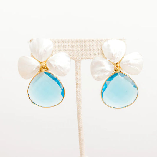 Blue Bezel and Pearl Earrings