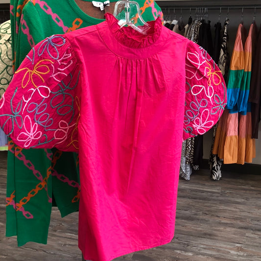 Pink Top with Embroidered Puff Sleeve