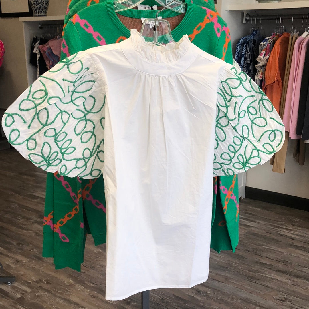 White Top with Kelly Green Embroidered Puff Sleeve