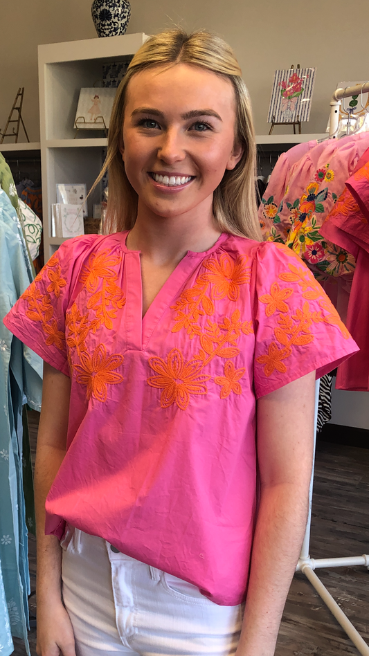 Hot Pink Embroidered Short Sleeve Top