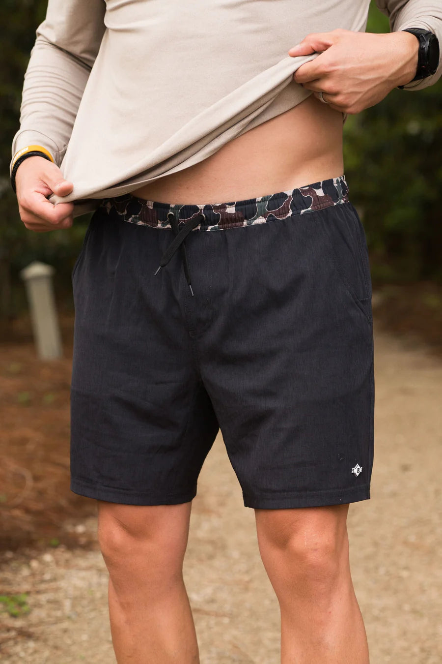 Black Athletic Shorts with Throwback Camo Liner